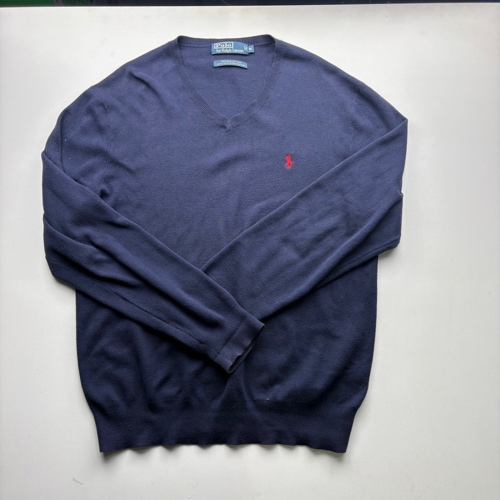 Polo Ralph Lauren Men's Medium Navy Blue V Neck Sweater Pima Cotton Size M